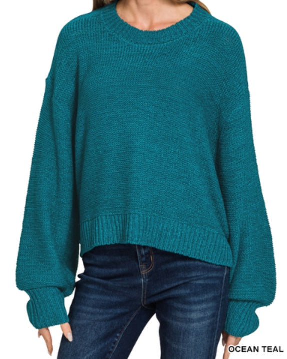 “Seaside Breeze” Ocean Teal Oversized Balloon Sleeve Sweater