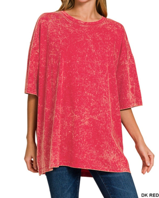 Acid Wash Oversized Longline Boyfriend Box Tee – Dark Red