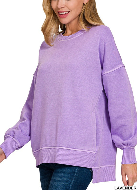 Pigment Dye Hi-Low Fleece Pullover with Pocket – Lavender