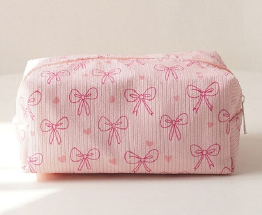 Bow Print Corduroy Cosmetic Makeup Pouch