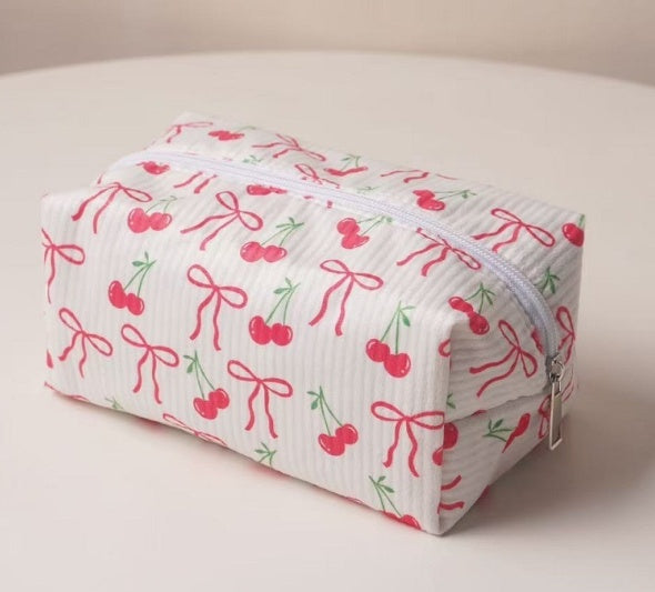 Cherry Bow Corduroy Cosmetic Pouch