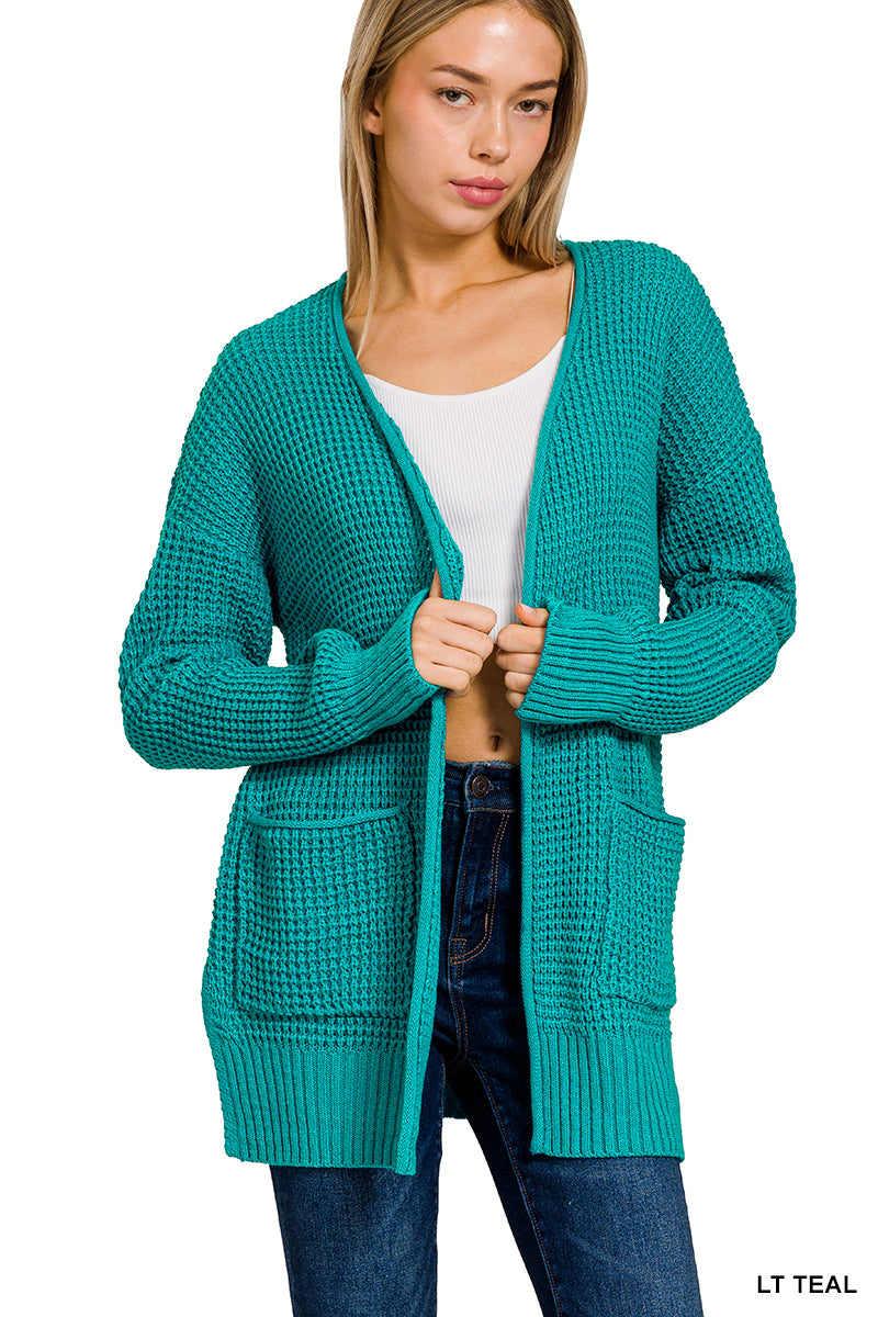 WAFFLE KNIT OPEN CARDIGAN SWEATER