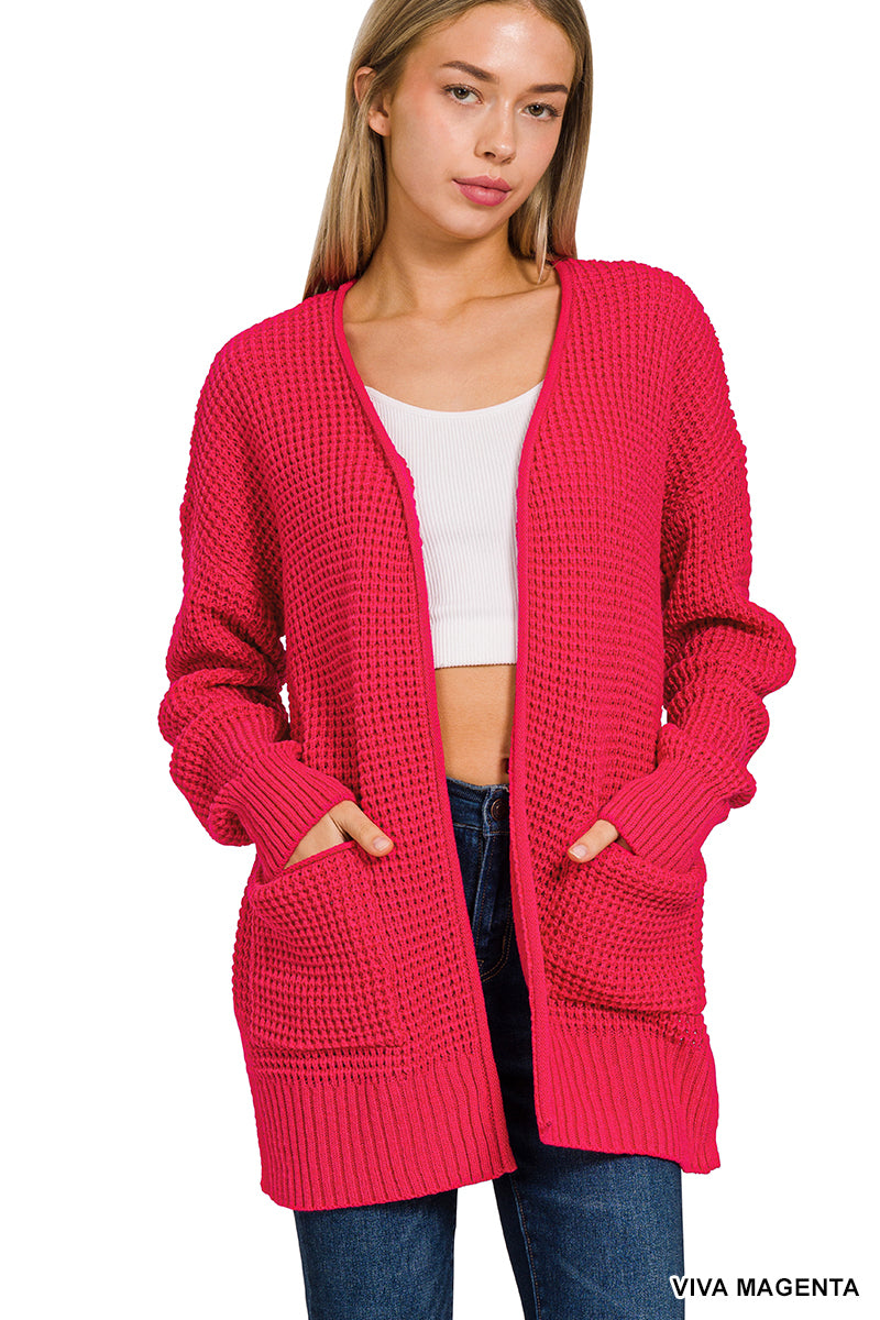 WAFFLE KNIT OPEN CARDIGAN SWEATER