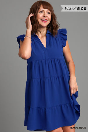 Royal Blue Plus Umgee Tiered Short Dress with Flutter Sleeves