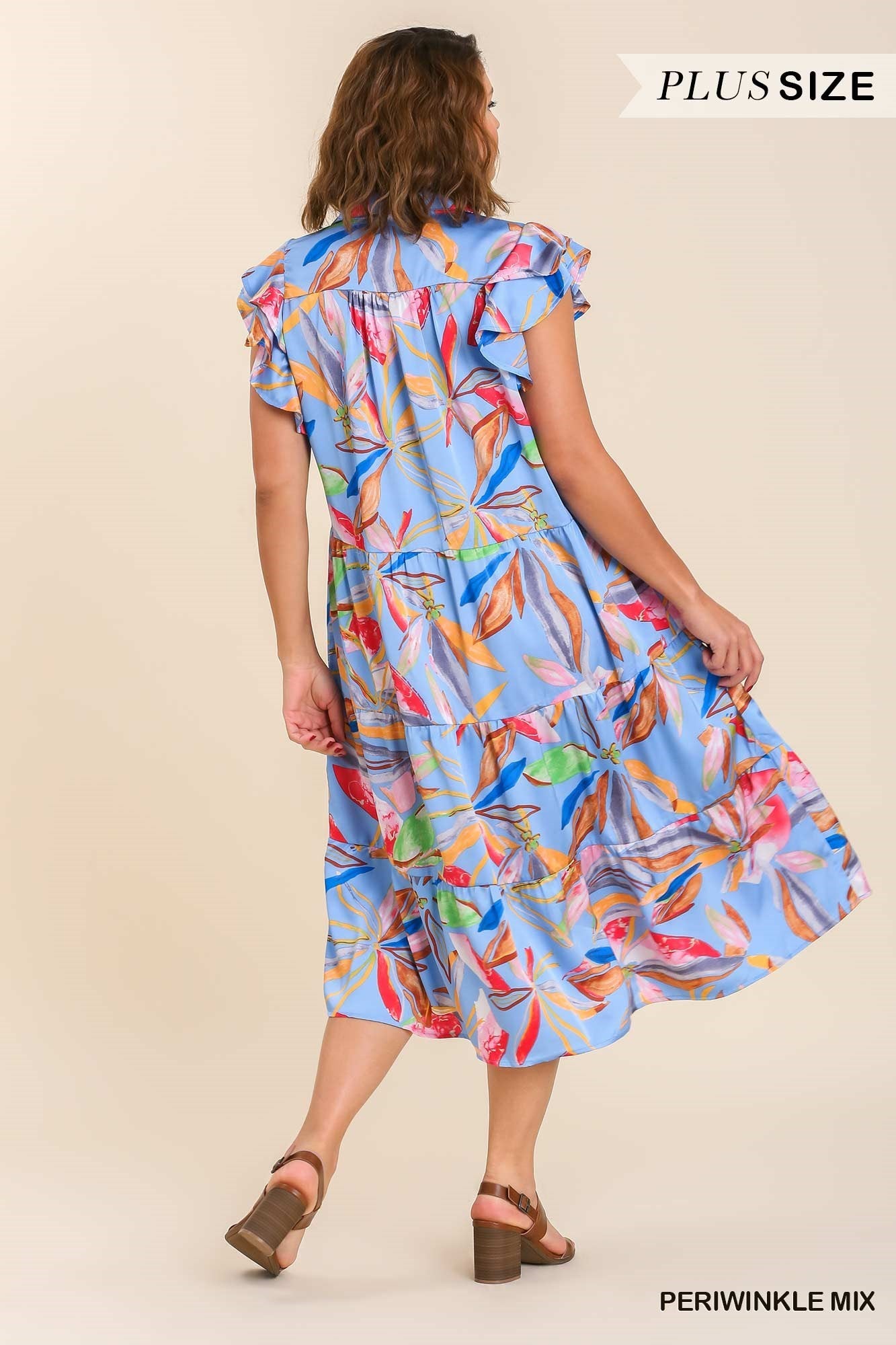 Plus Size Blue Multi Leaf Print Umgee Flutter Sleeved Tiered Midi Dress
