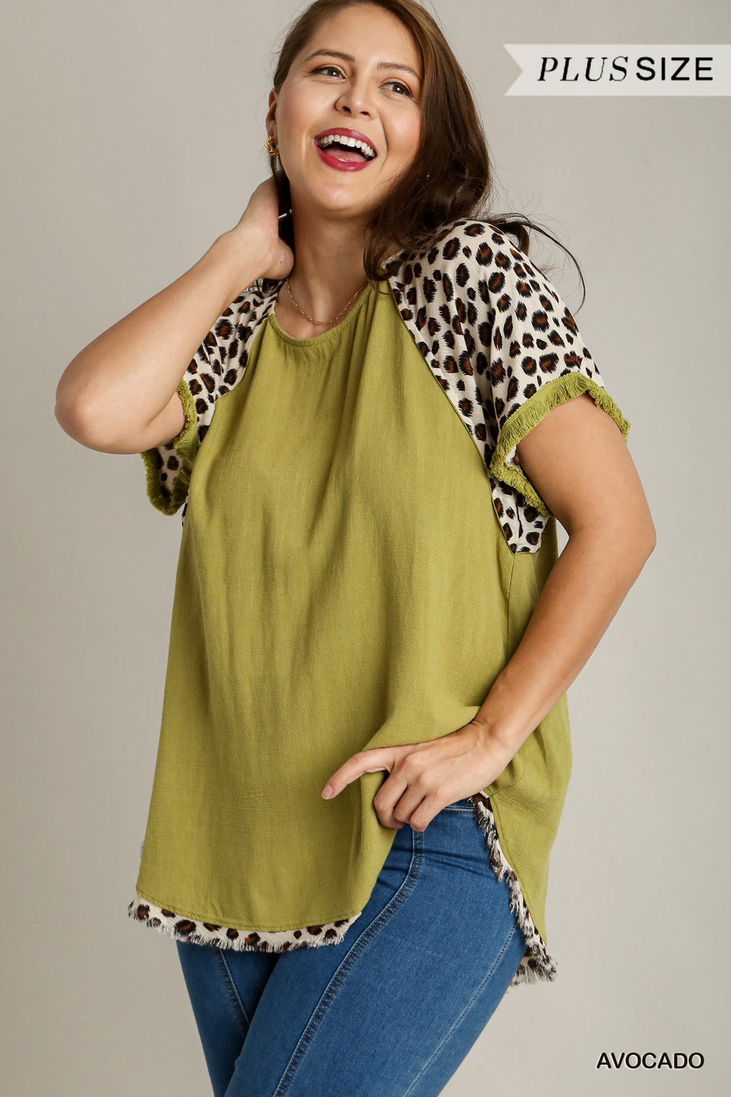 Umgee  Avocado Plus Size Linen Blend Top with Animal Print Short Sleeves
