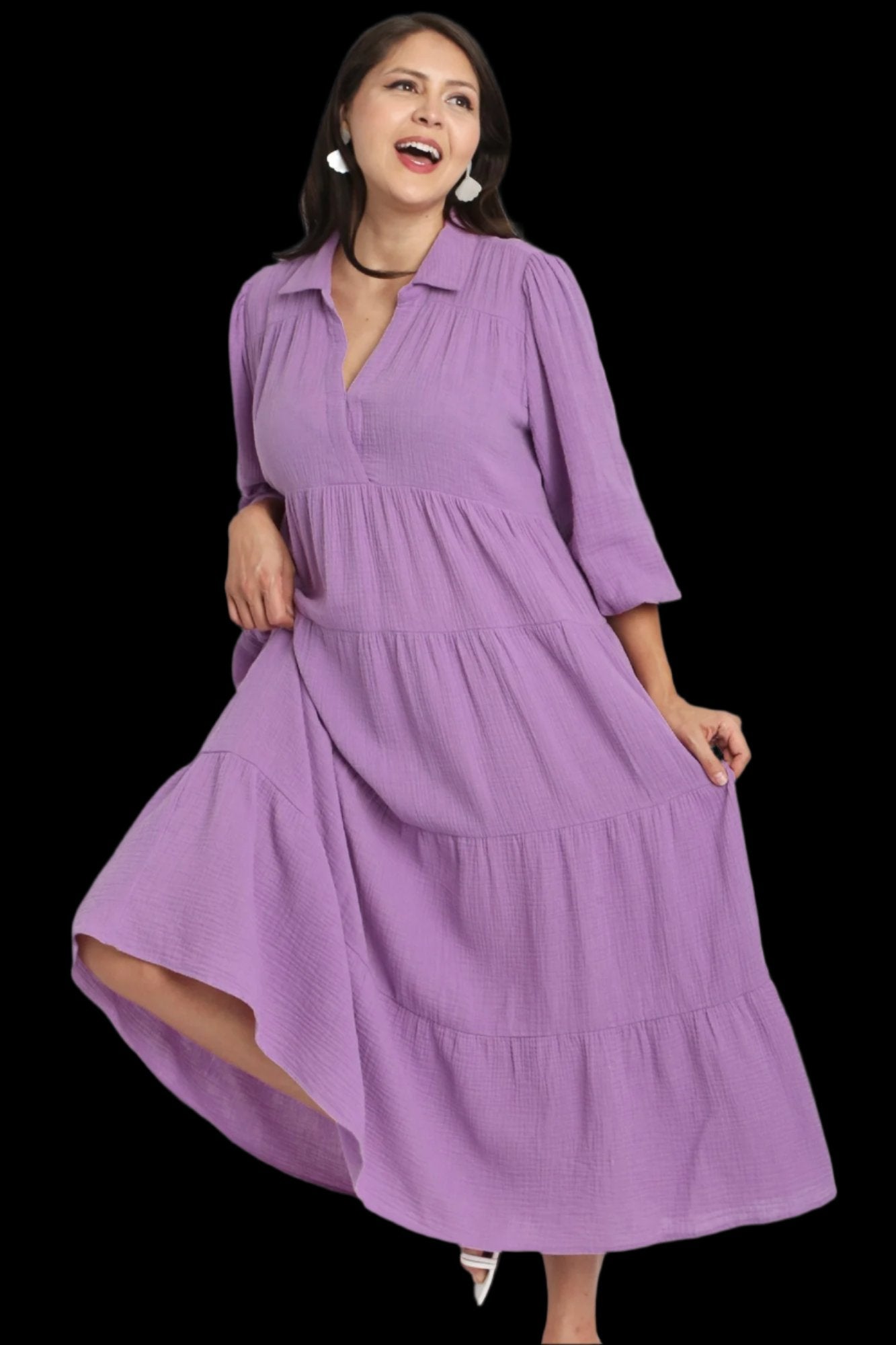 PLUS Umgee Lavender Gauze Long Sleeve Collar Maxi Dress