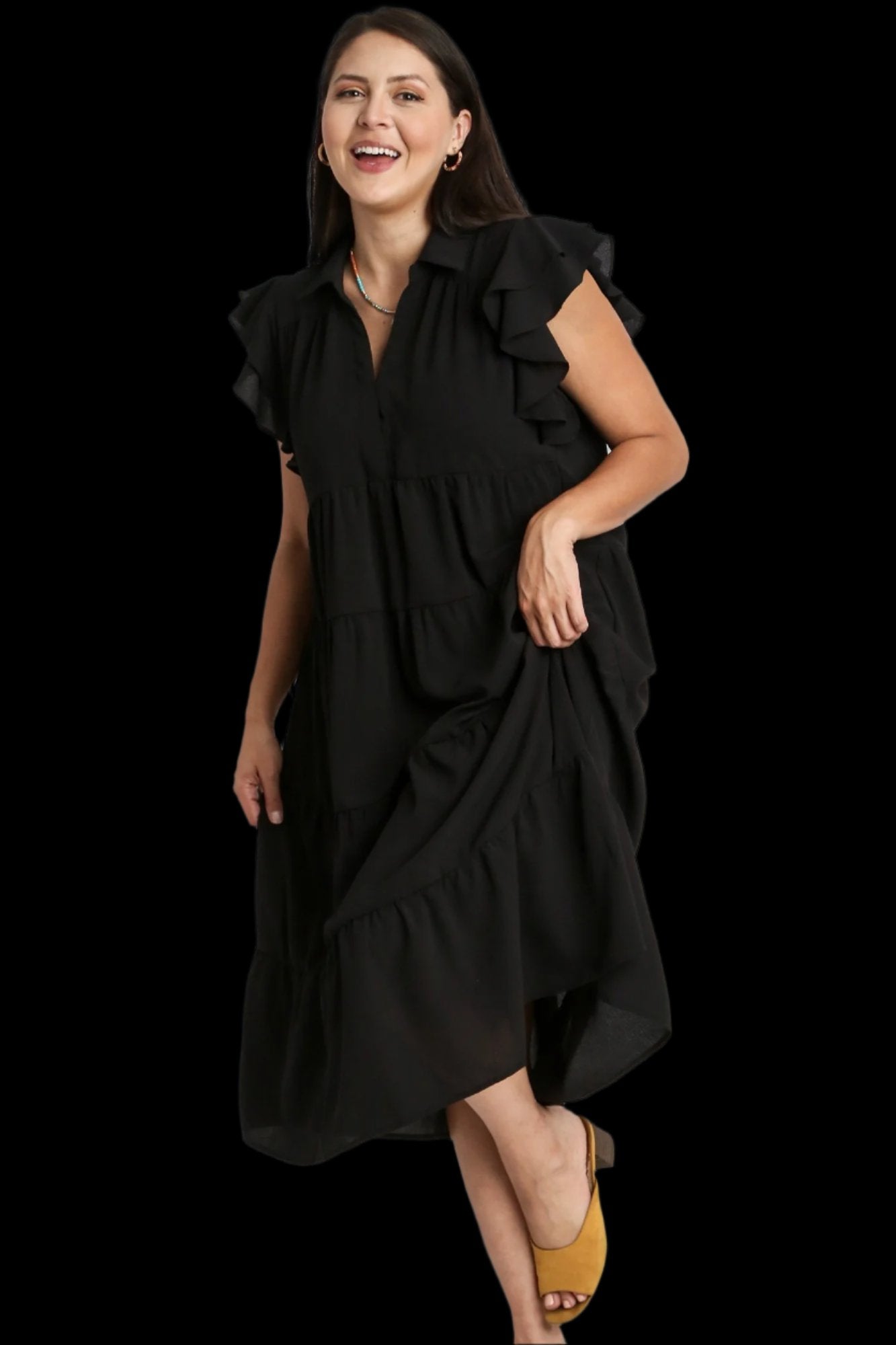 PLUS Umgee Black Tiered Midi Dress with Collar