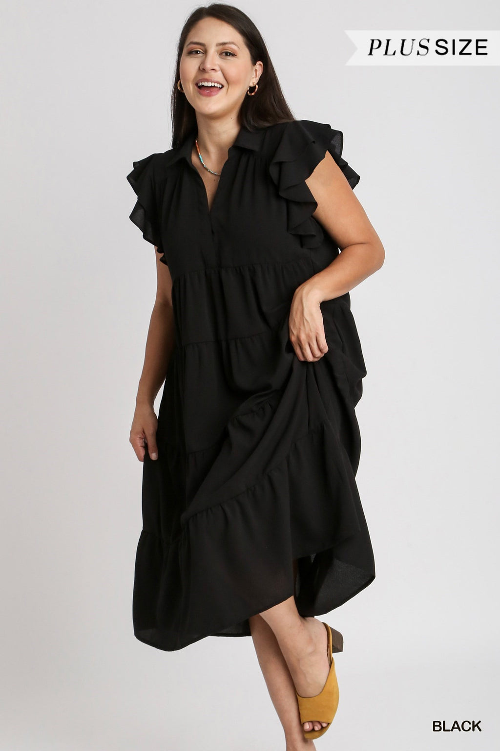 Umgee Black Plus Tiered Midi Dress with Collar