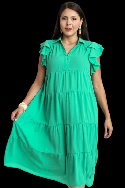 PLUS Umgee Jade Green Tiered Midi Dress with Collar