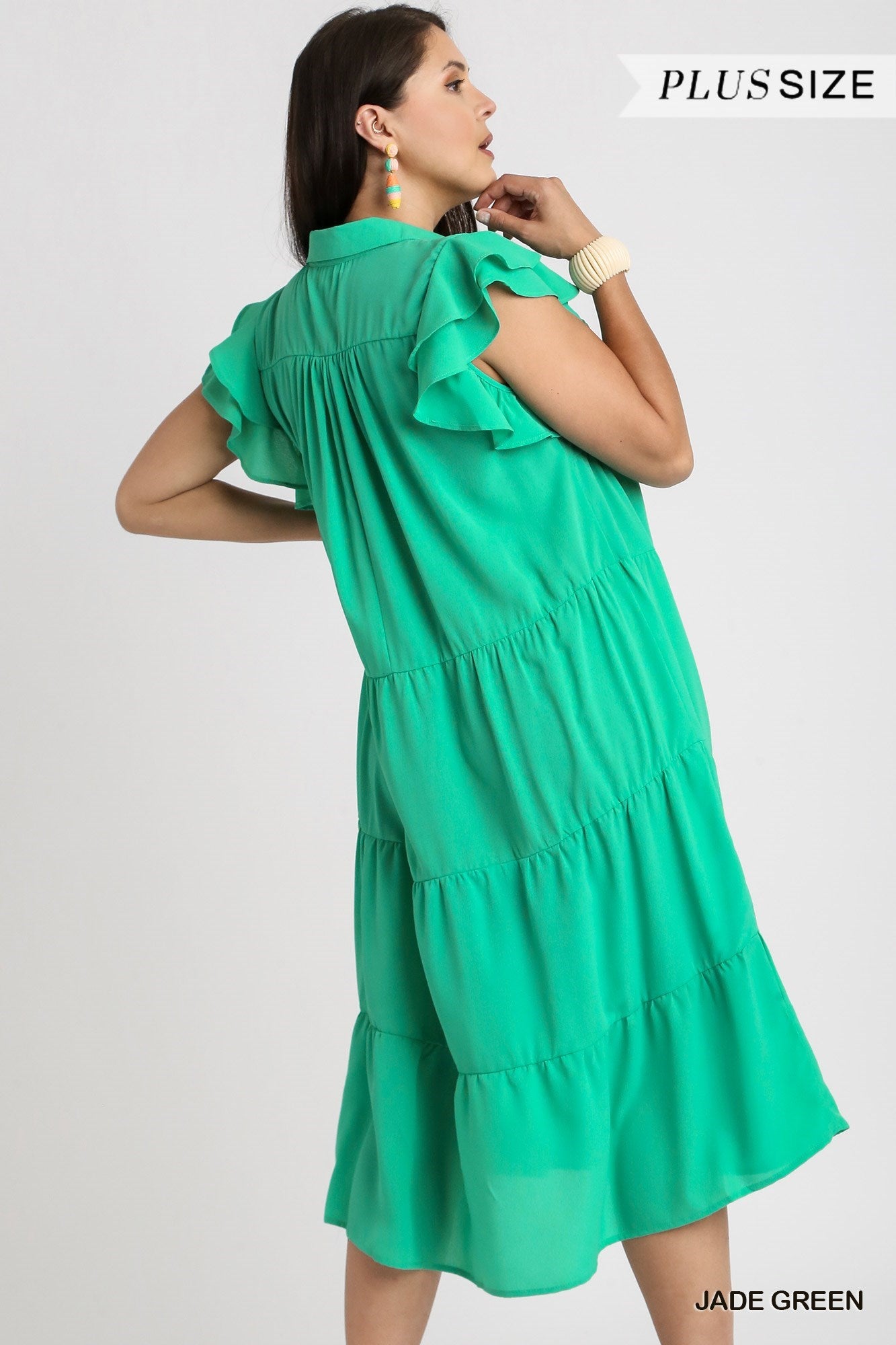 Umgee Jade Green Plus Tiered Midi Dress with Collar