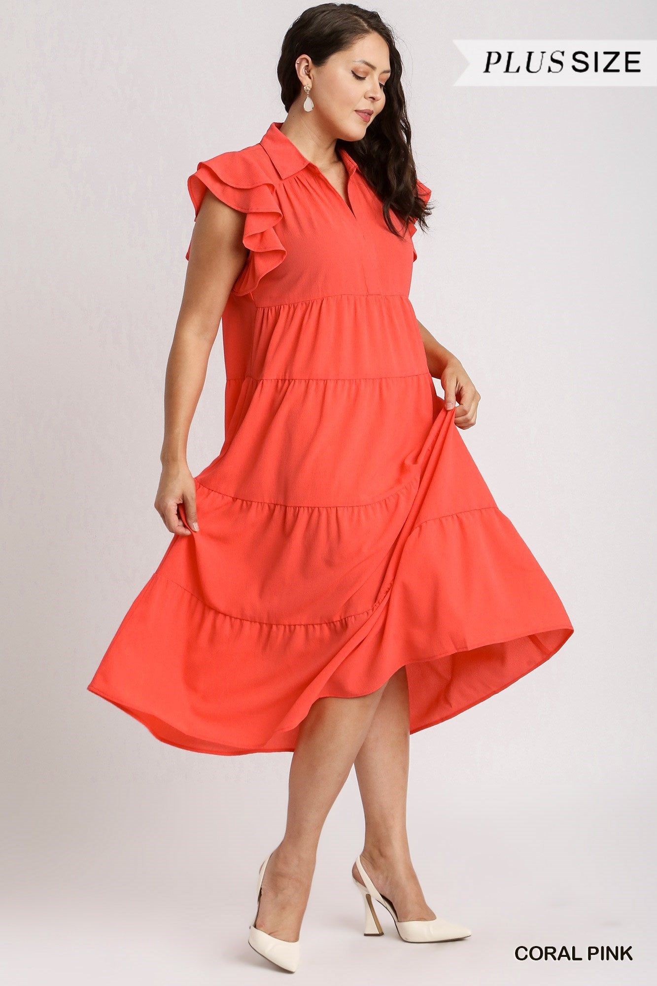 Coral Plus Umgee Tiered Midi Dress with Flutter Sleeves