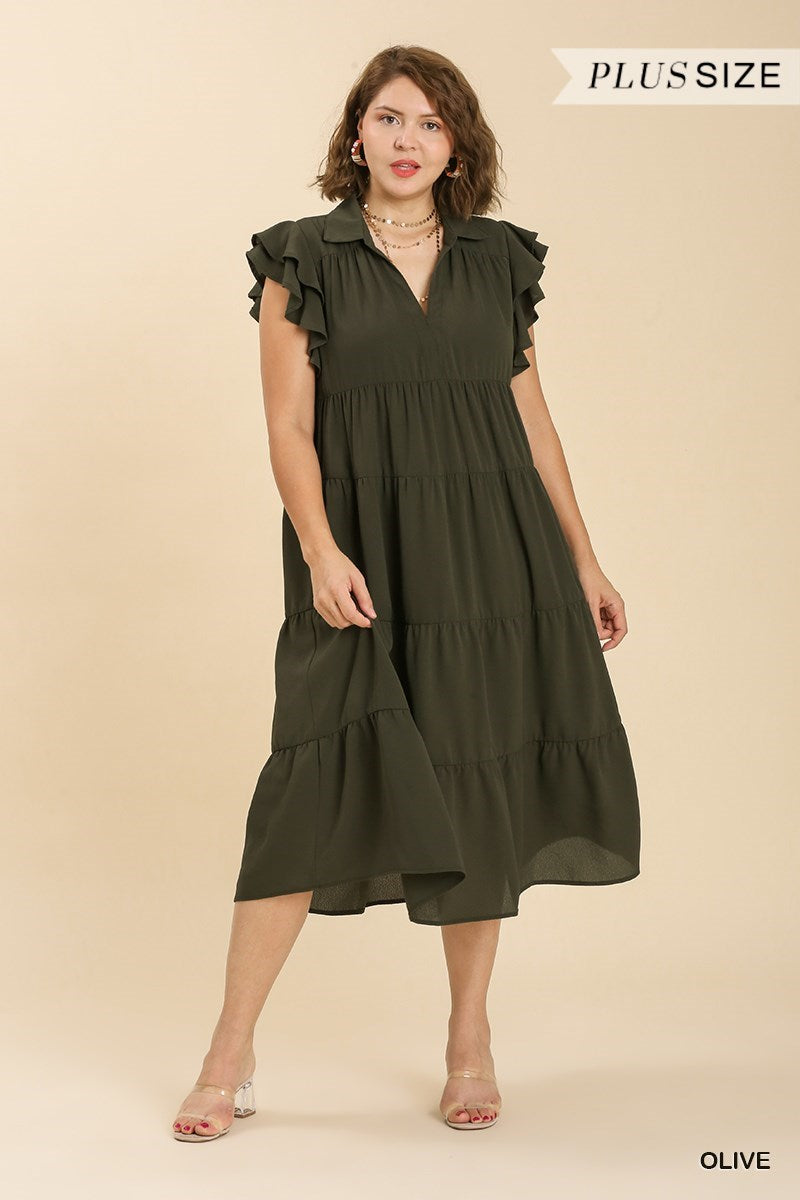 PLUS Umgee Black Tiered Midi Dress with Collar