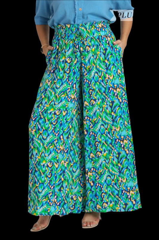 PLUS Umgee Mint Blue Mixed Print Wide Leg Pants WB8098