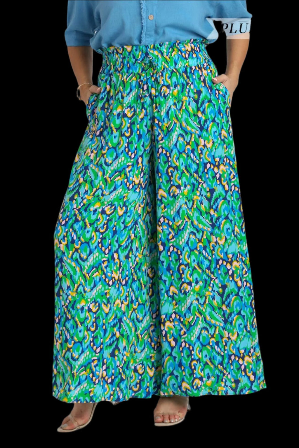 Mint Blue Umgee Mixed Print Wide Leg Pants WB8098