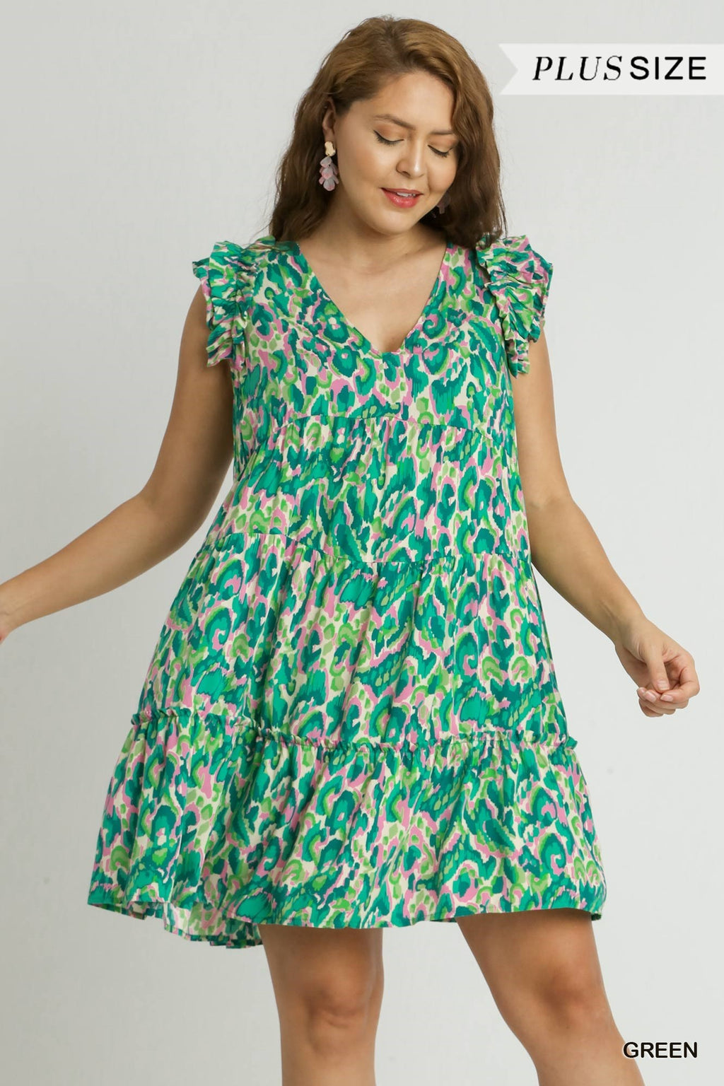 Umgee Plus Green and Pink Print Dress with Flutter Sleeves WB8618