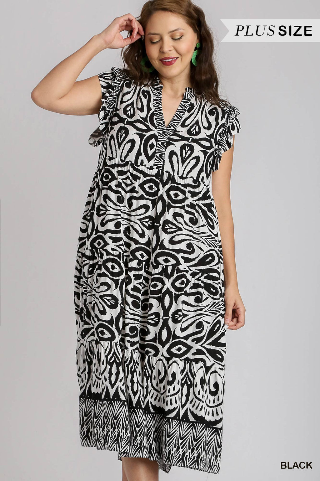 Umgee Plus Black & White Print Midi Dress with Ruffle Sleeves WB8620