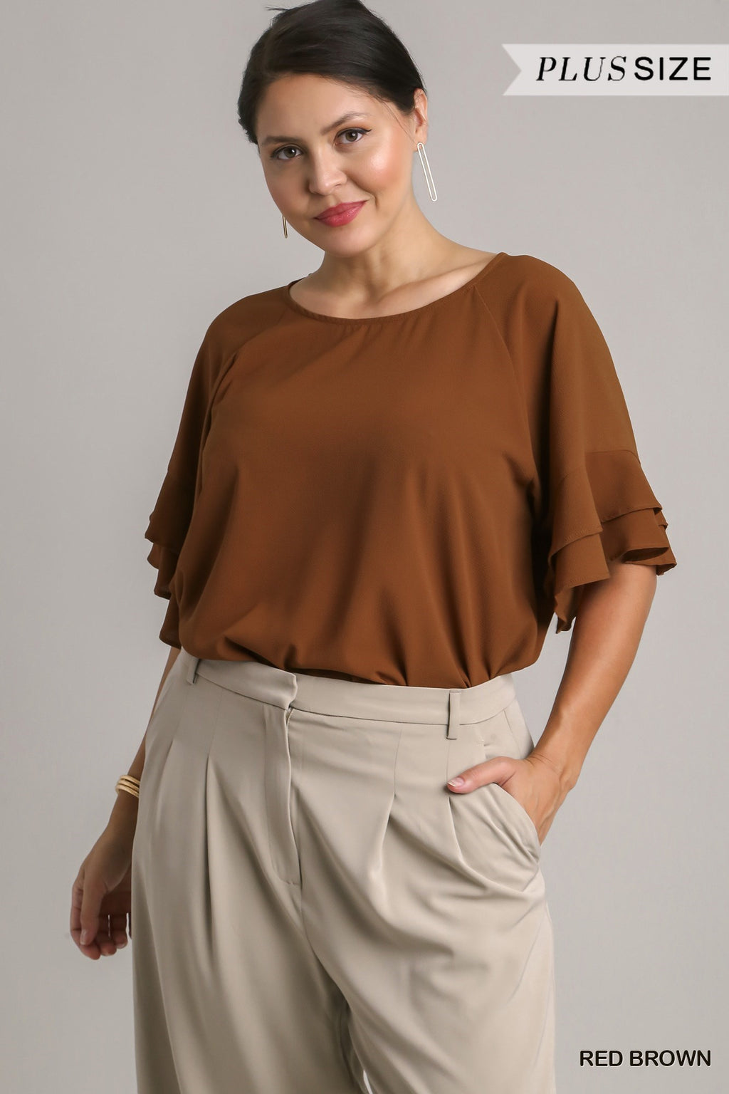 Red Brown Plus Umgee Top with Round Neck and Layered Ruffled Sleeves