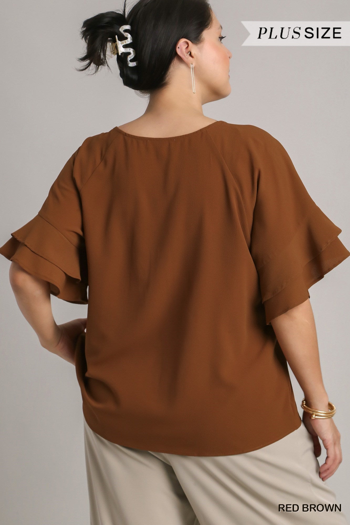 Red Brown Plus Umgee Top with Round Neck and Layered Ruffled Sleeves