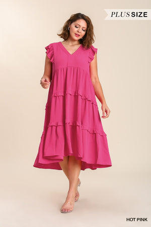 Hot Pink Plus Umgee Flutter Sleeved Tiered Midi Dress