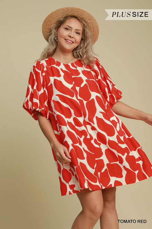 PLUS Umgee Red Abstract Print Dress with Puff Sleeves