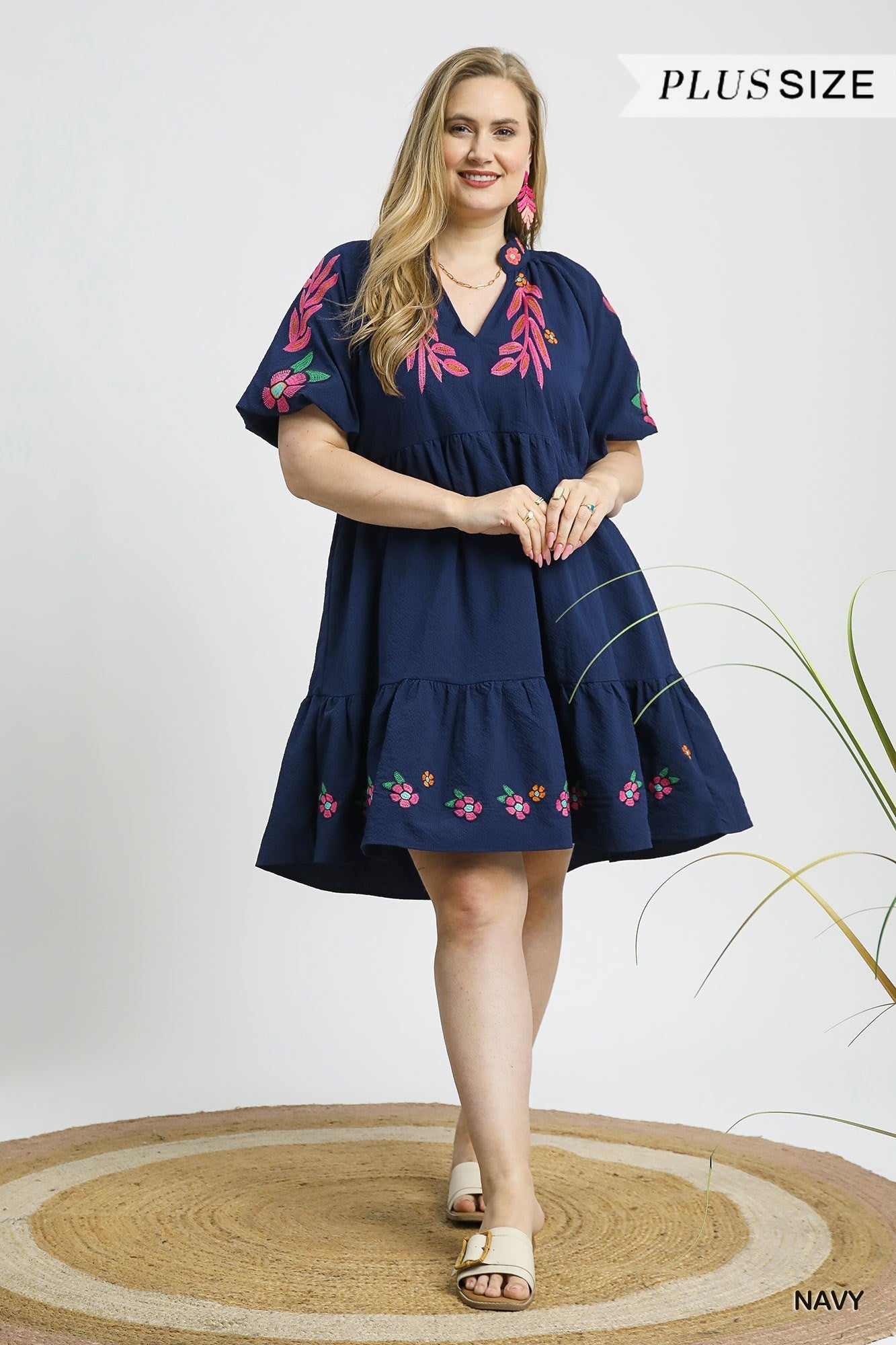 PLUS Umgee Embroidered Boho Babydoll Dress – Navy Umgee