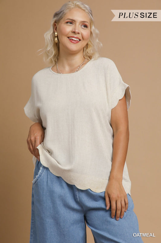 PLUS Umgee Scallop Hem Linen Blend Top