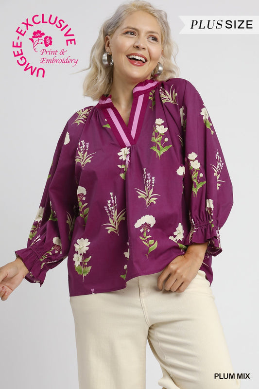 PLUS Umgee Floral Contrast Trim Blouse – Copyright Print | XL–2XL