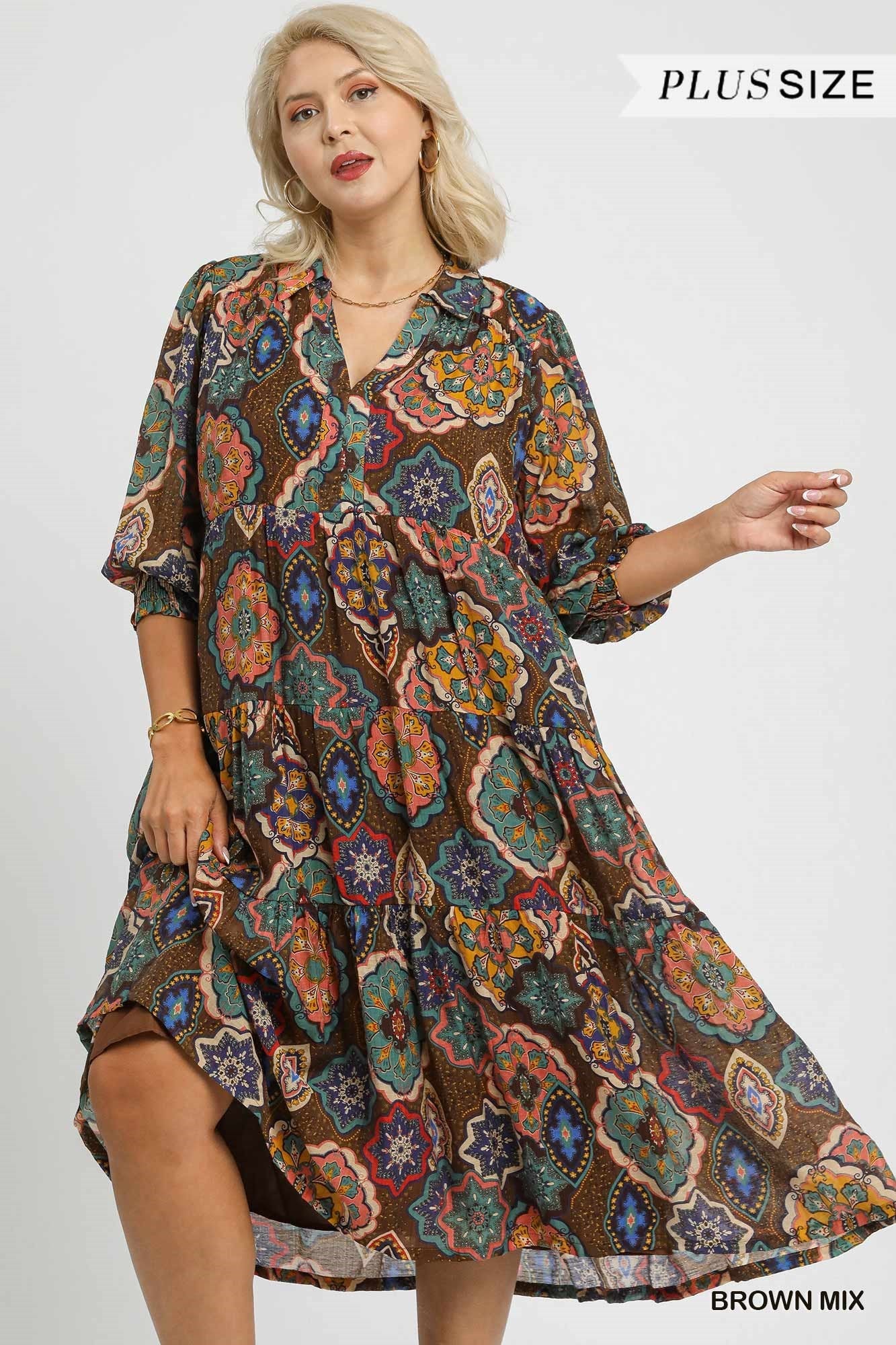 PLUS Umgee Boho Print Tiered Midi Dress