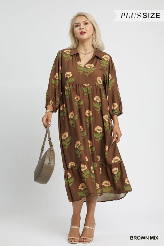 PLUS Umgee Floral Print Tiered Maxi Dress with Bubble Sleeves