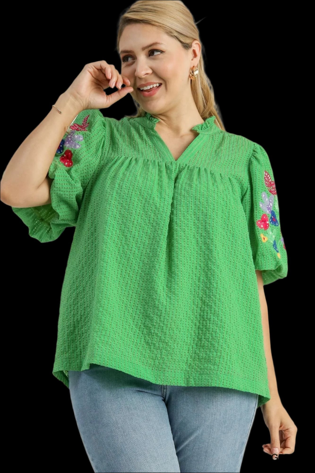 PLUS Umgee Green Ruffle Neck Top with Embroidery