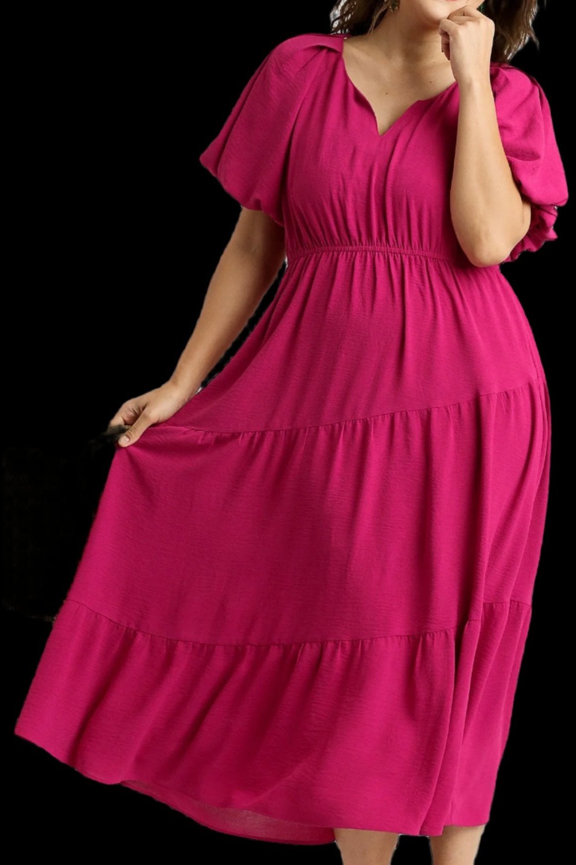 PLUS Umgee Pink A-Line Midi Dress with Puff Sleeves