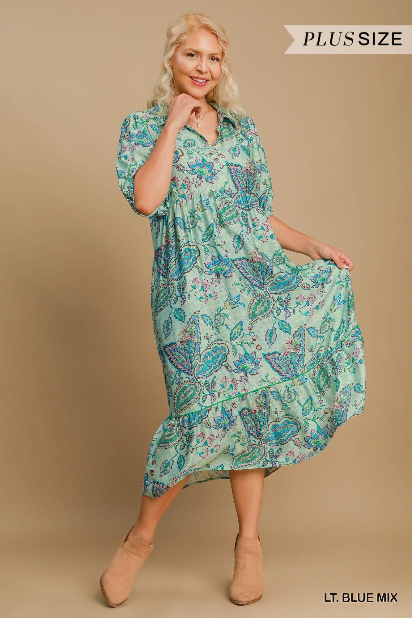 PLUS Umgee Blue Mix Paisley Midi Dress