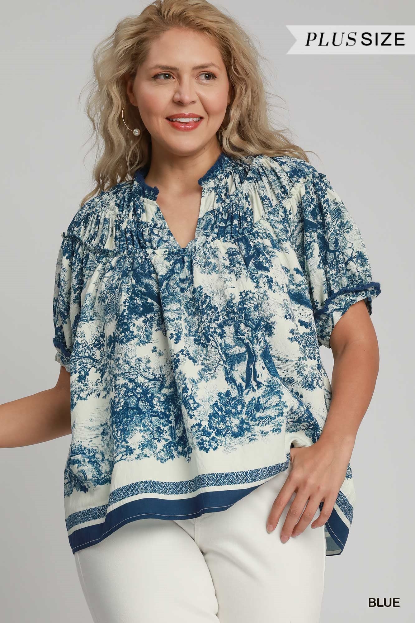 PLUS Umgee Blue Printed Top with Ruffled Neckline