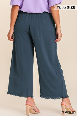 Umgee Plus Slate Blue Linen Wide Legged Pants with Frayed Hem