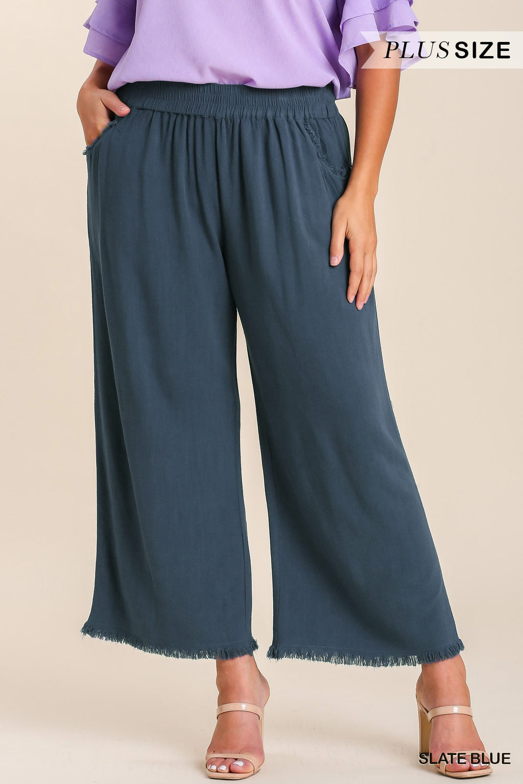 Umgee Plus Slate Blue Linen Wide Legged Pants with Frayed Hem