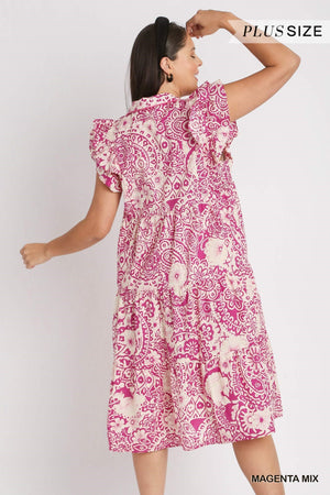 Umgee Plus Pink Paisley Flutter Sleeve Midi Dress WR0825