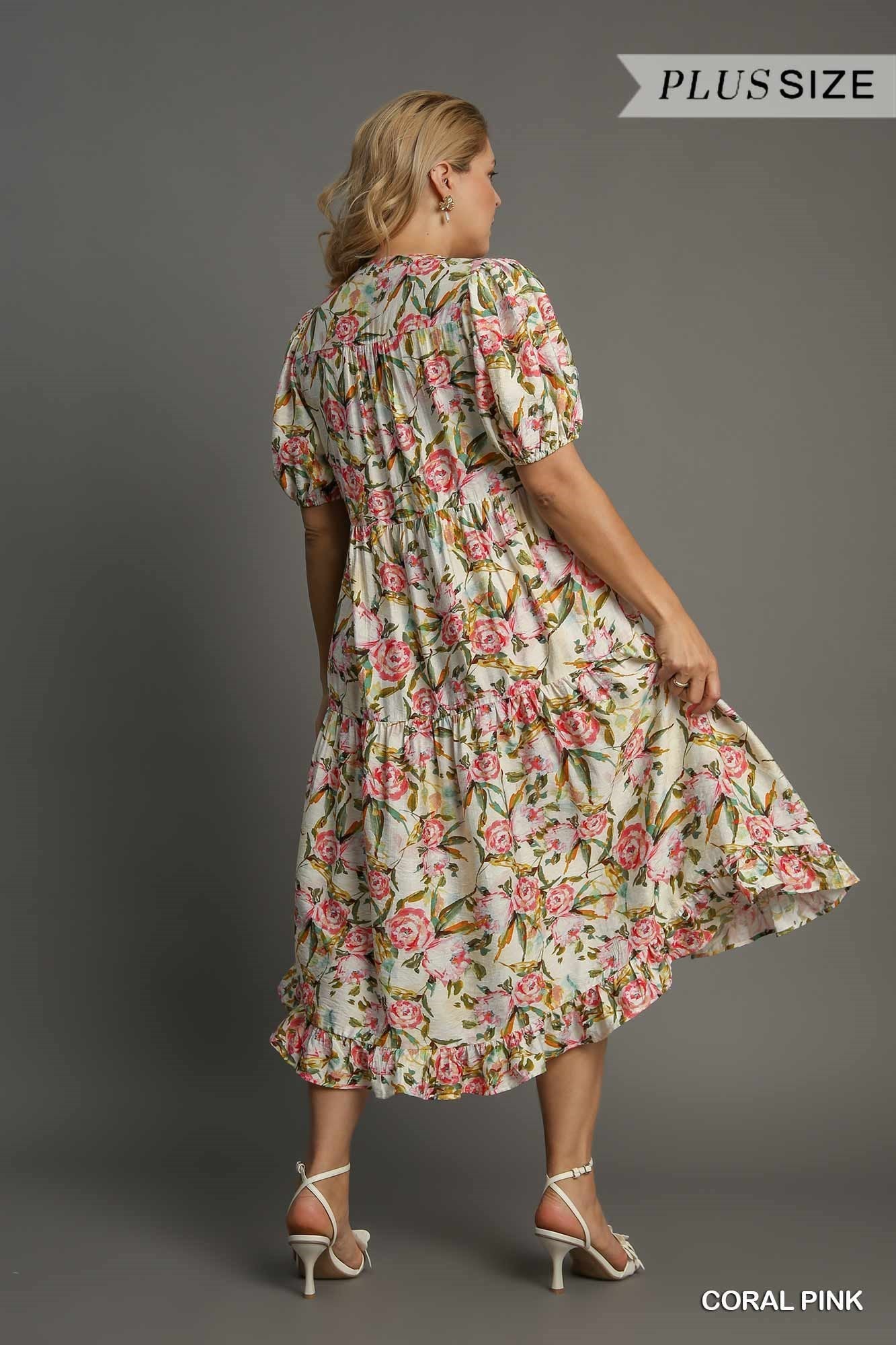 PLUS Umgee Floral Printed Ruffle Midi Dress