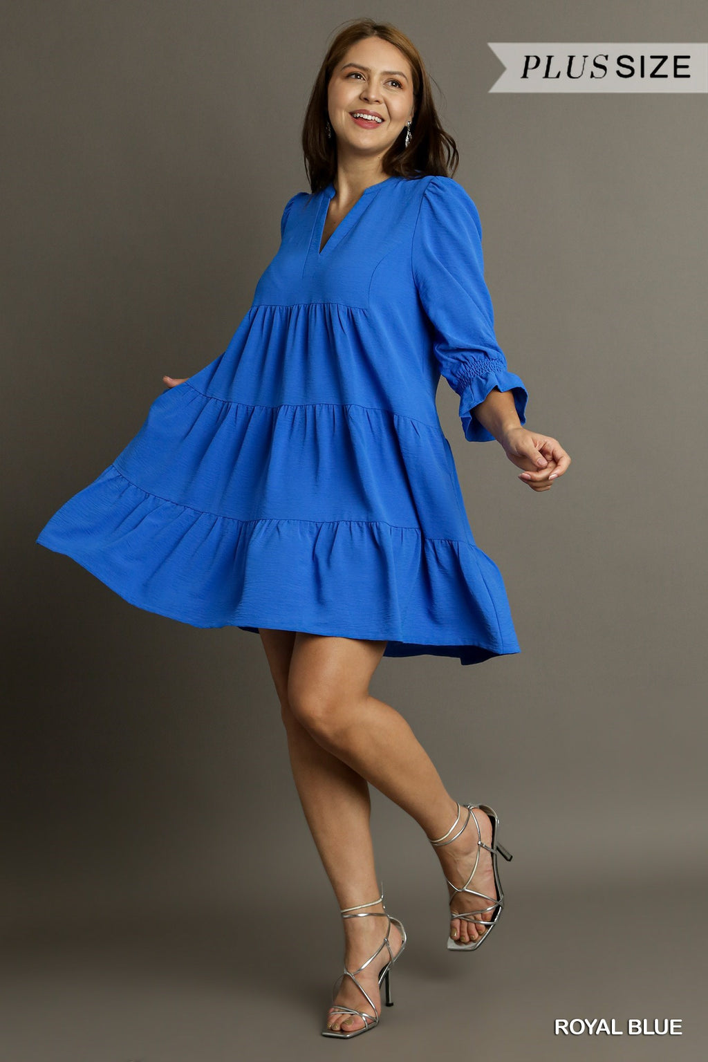 Royal Blue Plus Umgee Tiered Split Neck Dress with 3/4  Sleeves with Smocking