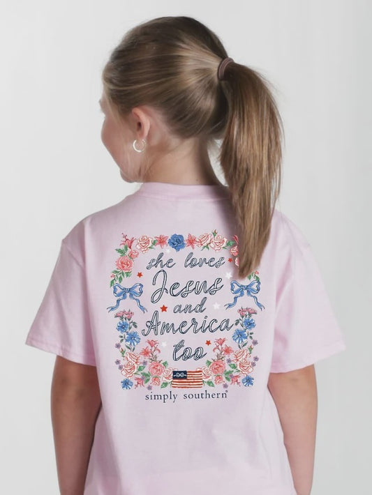 Youth Simply Southern “She Loves Jesus & America Too” Graphic Tee – Peony Pink