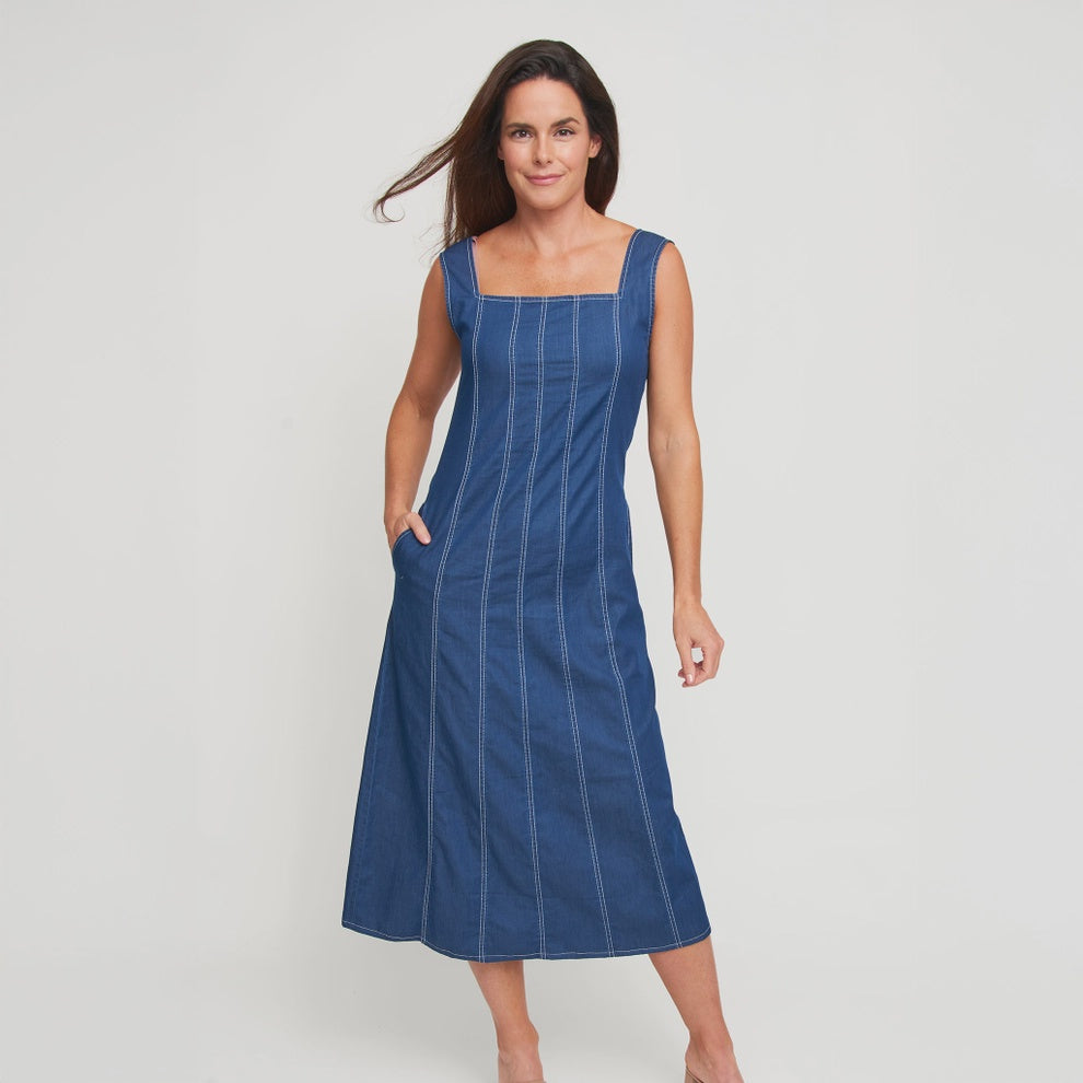 Elle Sleeveless Stretch Denim Square Neck Midi Dress