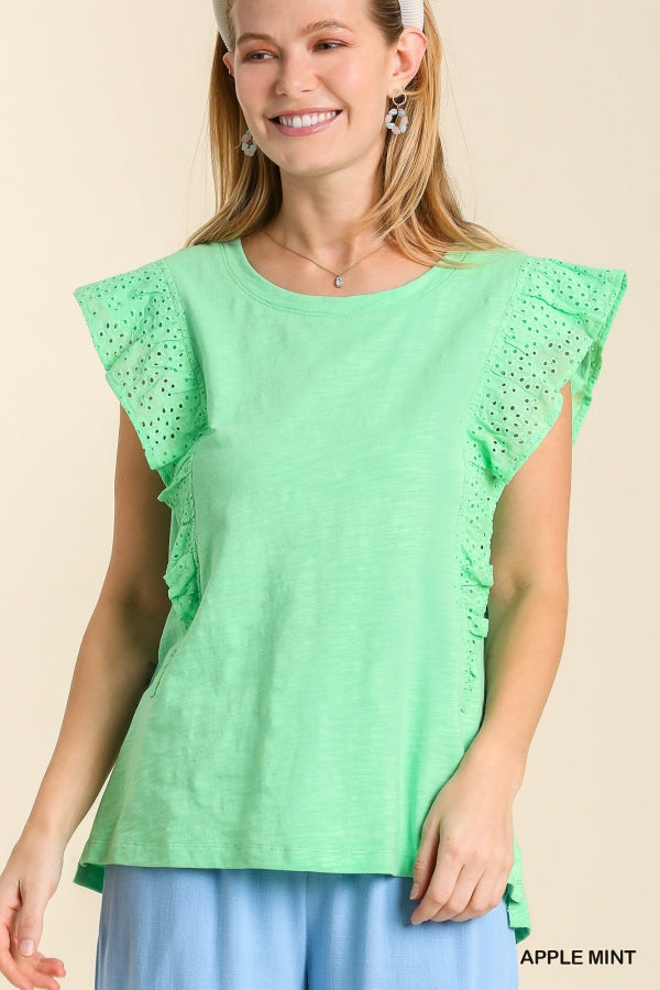 Mint Green Top with Eyelet Flutter Sleeves