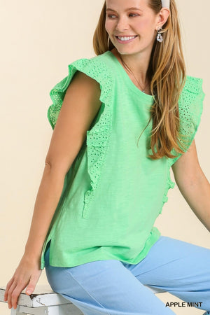 Mint Green Top with Eyelet Flutter Sleeves