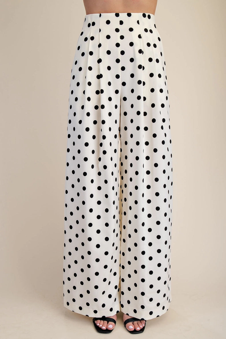 Glam Pleated High-Waisted Wide Leg Polka Dot Pants – Cream & Black