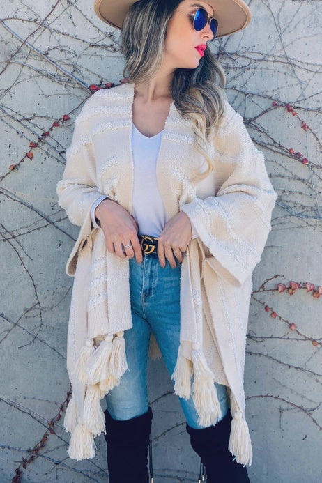 Cream Western Textured Pattern with Chunky Tassel Cardigan