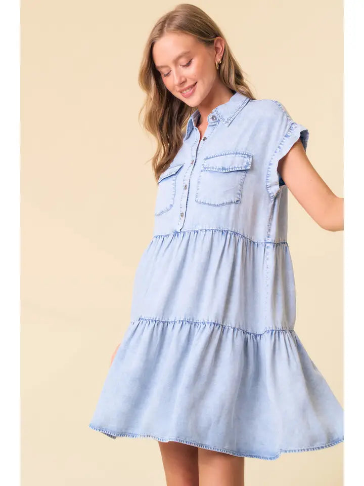 Short Sleeve Ruffled Hem Tencel Denim Dress