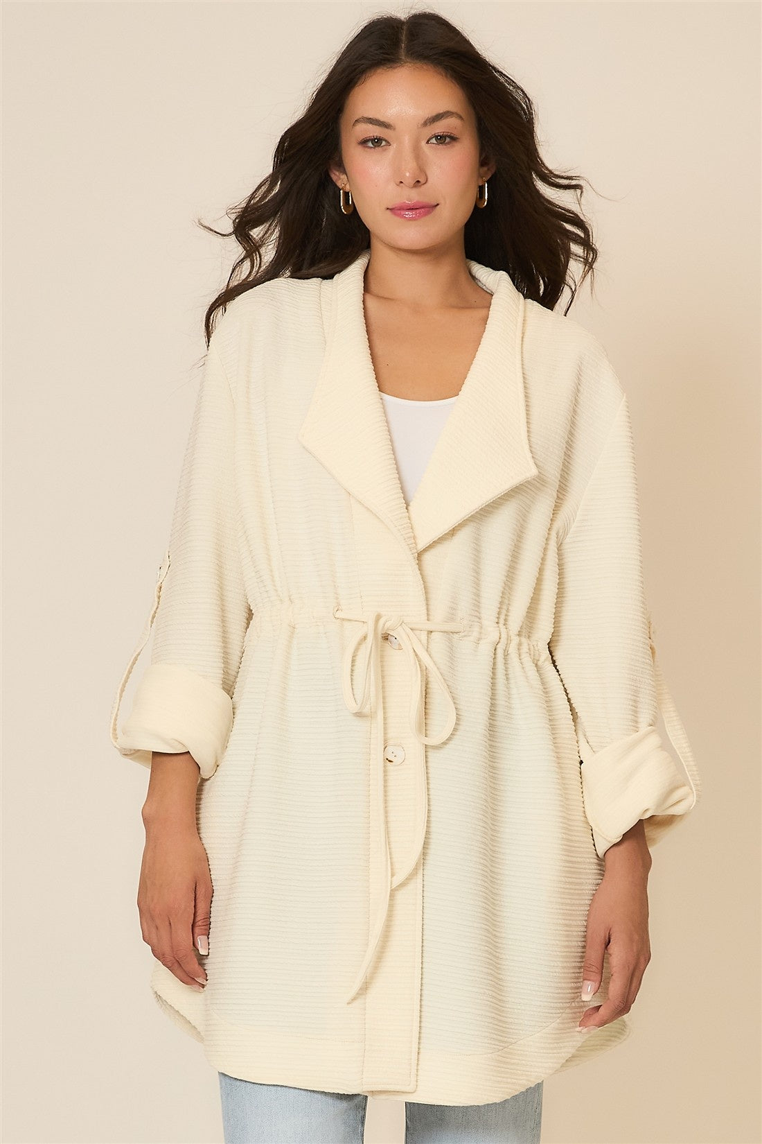 Cozy Co Cream Crinkle Rib Texture Fold Sleeve Jacket with Waist Cinch