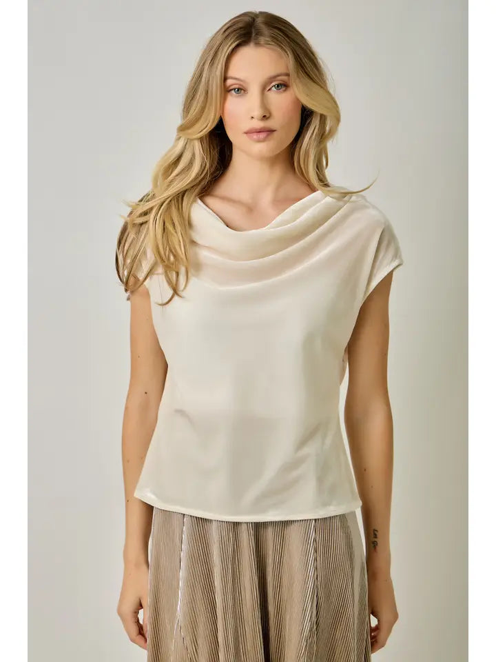 Mystree Velvet Cowl Neck Top - Pearl