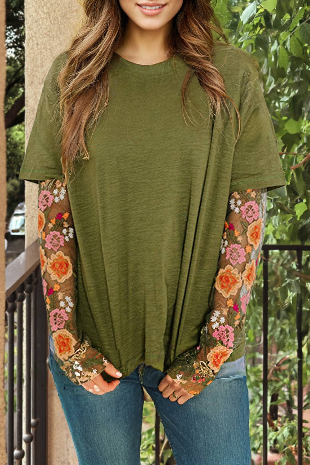 Green Floral Embroidered Mesh Patchwork Sleeve Top