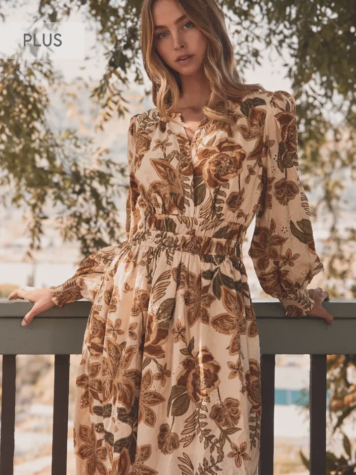 PLUS ODDI Sand Floral Print Midi Dress